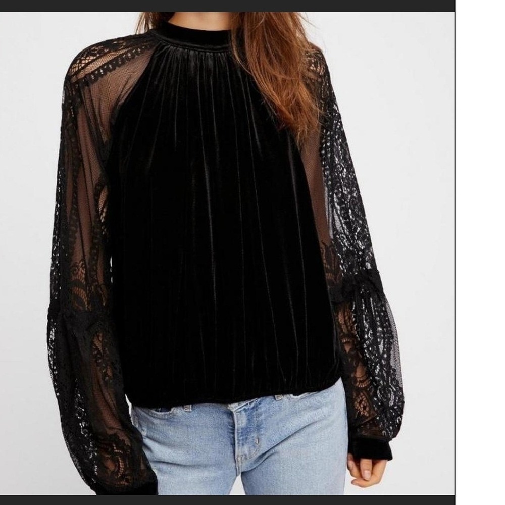 Free People Black Velvet Lace Sleeve Mock Neck Top XS Whimsigoth Gothic romance